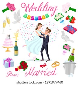 set vector wedding just married couple with hearts avatars characters. roses flowers champagne cake newlyweds pigeons gifts rings strawberry bow ice bubbles art