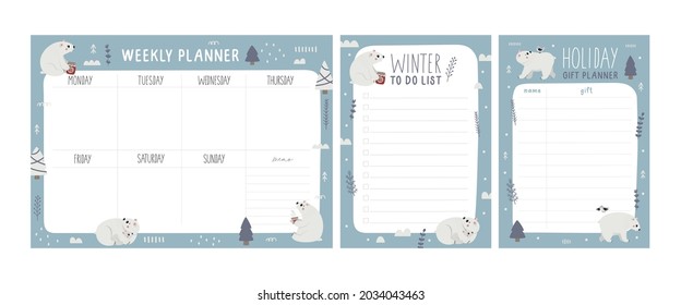 Set of vector weekly planner, gift planner and todo list with Polar Bears, Christmas trees, decorative elements, new year illustration