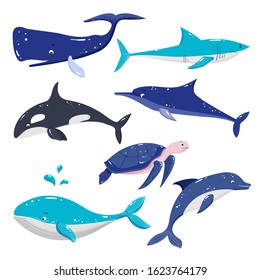 Set of vector whales, dolphins, shark, turtle. Illustration of marine fishes and animals (sperm whale, killer whale). 