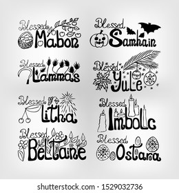 set of vector wheel of time lettering: for samhain, yule, imbolc, ostara, beltain, litha, lammas and mabon, with proper symbols