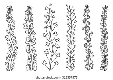 Set of vector whimsical abstract floral stems isolated black