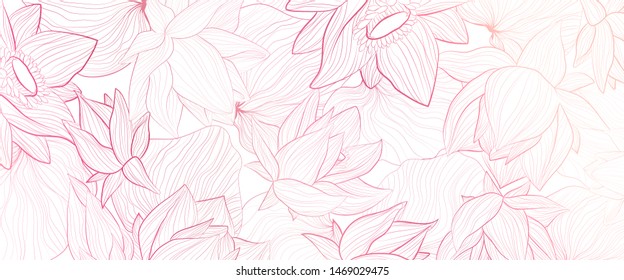 Set of vector white background with hand draw gold solhouettes of lotus flower and leaves.