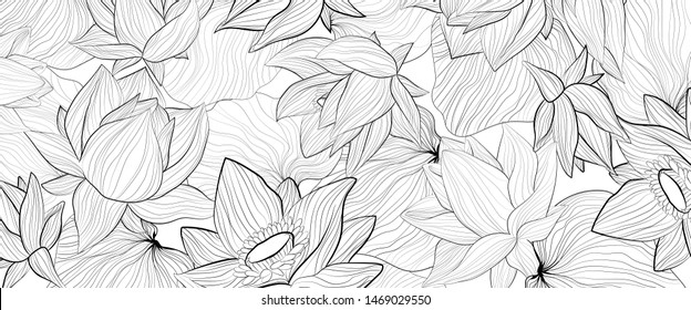 Set of vector white background with hand draw black solhouettes of lotus flower and leaves