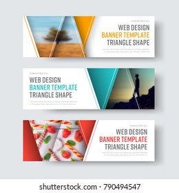 Set of vector white banners with triangular elements for a photo. Horizontal web templates with orange, blue and red objects.