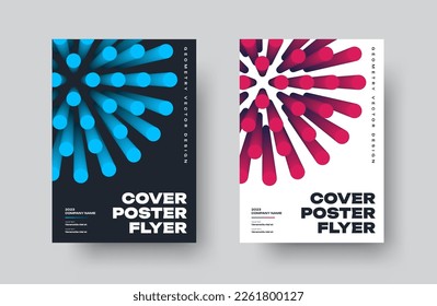 A set of vector white, black posters with a bright dynamic element with a round shape. Cover template with modern design in blue, red, for annual report, business, presentation. Brochure EPS10, flyer