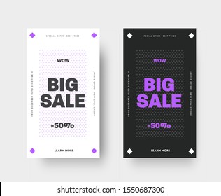 Set of vector white and black templates for mobile applications and social media. Banner design with rhombus and a 50% discount for a big sale, special offers.