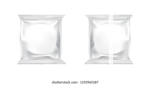 Set, Vector White Blank Filled Retort Foil Pouch Bag Packaging. For Medicine Drugs Or Food Product. Illustration Isolated On White Background.