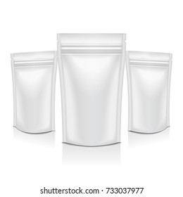 Set of Vector White Blank Foil Food or Cosmetic Pack Pouch Sachet Bag Packaging with Zipper. Isolated Mock up template for your design