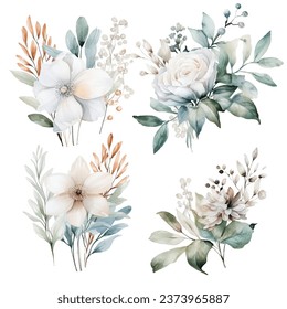 Conjunto de acuarela floral vectorial de flor blanca