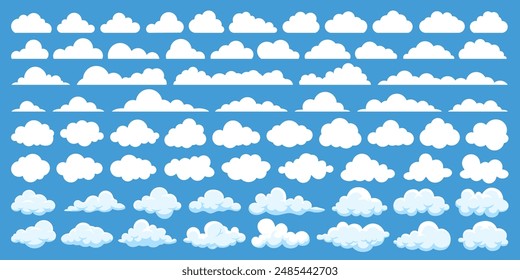 Set of vector white cloud or web cloud computing technology business icon isolated on blue background. Cloud pattern, fire smoke texture or nature sky art in cartoon style. Weather element symbol.