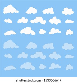 Set of vector white clouds of various shapes and transparency in the blue sky. Simple flat isolated elements.