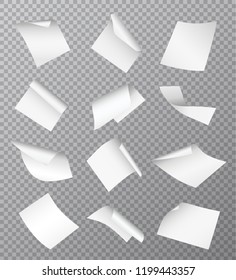 Set of vector white empty papers flying or falling in different positions with curled and twisted edges isolated on transparent background