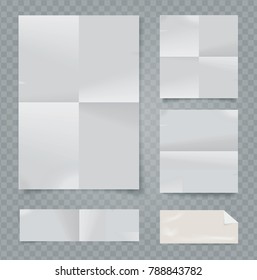 Set of vector white folded papers on transparent background.