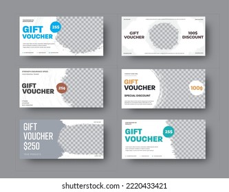 Set of vector white gift voucher templates with grunge elements and photo space. Design for gift cards, discounts and sales.