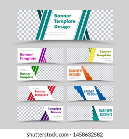 Set of vector white horizontal web banners with place for photo and color diagonal lines and squares. Templates for business and advertising.