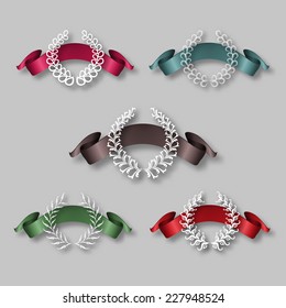 Set of vector white laurel wreaths with color ribbons for  design of labels, emblems, medals, stickers. Page, web decoration, floral elements. Vector illustration EPS 10.