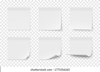 Set of vector white paper adhesive stickers on transparent background. Six realistic sticky notes isolated. Various blank sheets with curled up corners.