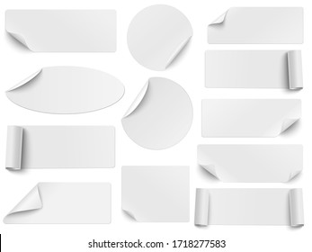 Set of vector white paper stickers of different shapes with curled corners isolated on white background. Round, oval, square, rectangular shapes.