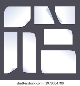 Set of vector white paper stickers of different shapes with curled corners isolated on background. Round, ribbons, square, rectangular shapes.
