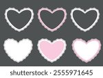 Set vector white and pink frame with lace border in the shape of a heart. Concept of love for Valentine