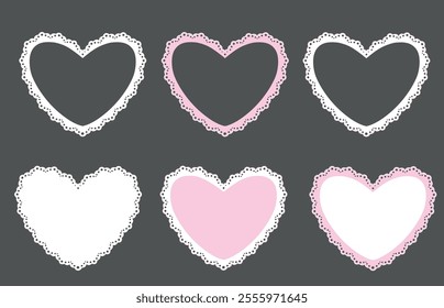 Set vector white and pink frame with lace border in the shape of a heart. Concept of love for Valentine's day or wedding design. Vector lace frames