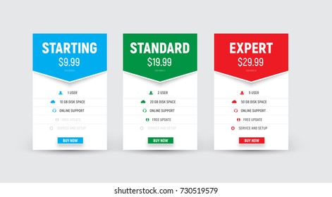 Set of vector white price tables with an arrow for the title. Design templates for business and web sites.