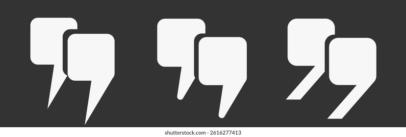 A set of vector white quotes. A collection of three double square quotation marks of different shapes, made on a dark background. Vector EPS 10.