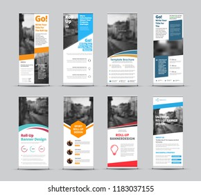 Set of vector white roll-up banners with place for photo. Universal template for business and advertising with different geometric elements of design.