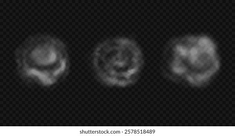 Set of vector white round steam, smoke. Realistic abstract circles of hot steam isolated on transparent background