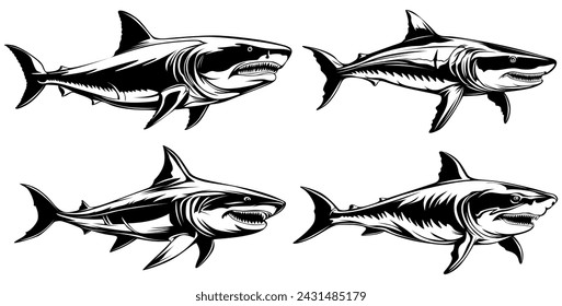 set vector white shark icon Deadly sea predator symbol design vector illustration