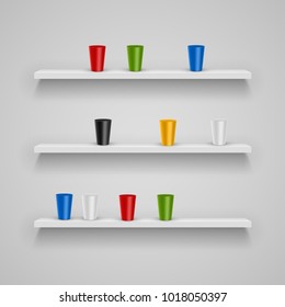 Set of vector White Shelves with simple objects for presentation on white gray background