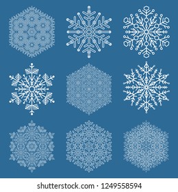 Set of vector white snowflakes. Fine winter ornaments. Snowflakes collection. Snowflakes for backgrounds and designs