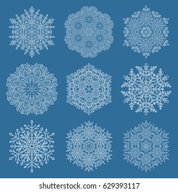 Set of vector white snowflakes. Fine winter ornament. Snowflakes collection. Snowflakes for backgrounds and designs