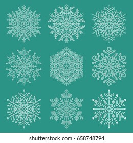 Set of vector white snowflakes. Fine winter ornaments. Snowflakes collection. Snowflakes for backgrounds and designs