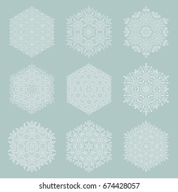 Set of vector white snowflakes. Fine winter ornaments. Snowflakes collection. Snowflakes for backgrounds and designs