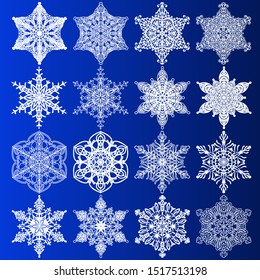 Set of vector white snowflakes on a blue background.