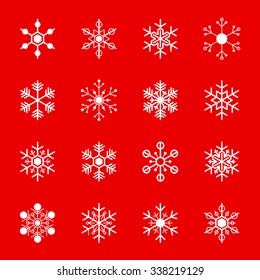 set of vector white snowflakes on green background for christmas