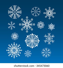 Set of vector white snowflakes on a blue background