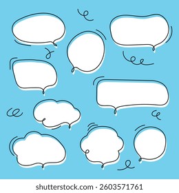 Set of vector white speech bubbles with outline in doodle style on light blue background