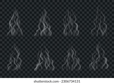 Conjunto de vapor vectorial blanco de alimentos calientes, bebida, bbq. Efecto de humo realista aislado en un fondo transparente