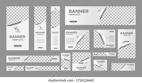 set of vector white web banners of standard sizes for sale with a place for photos. Vertical and horizontal templates with folding shaped.