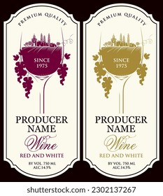 set of vector white wine labels with a glass of wine with a landscape of the european village in retro stile and a bunch of grapes