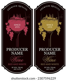 set of vector white wine labels with a glass of wine with a landscape of the european village in retro stile and a bunch of grapes