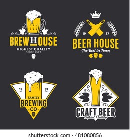 Set of vector white and yellow vintage beer logo, icons and design elements isolated on black background