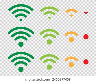 Set of vector Wi-Fi icon for communication, telecommunication. Communication wireless signal level wifi. Clipart illustration. Mobile bar status.