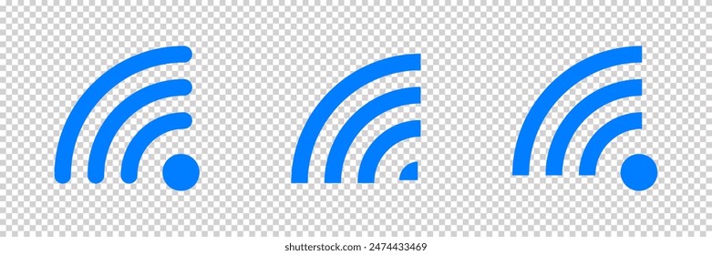 Set of vector Wi-Fi icon for communication, telecommunication. Communication wireless signal level wifi. Clipart illustration. Mobile bar status.