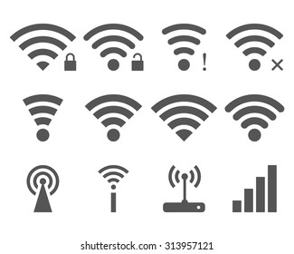 Set of vector Wi-Fi and Wireless icons for remote access and communication via radio waves. WiFi zone sign isolated on white background.