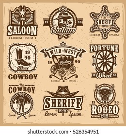 Set of vector wild west logos, badges with cowboy and attributes of the wild west isolated on white.