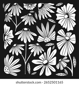 set of vector wildflowers elements, botanical abstract line arts, hand drawn abstract flowers, set of wildflowers, clipart, flowers, leaves and branches, vector illustration, botanical