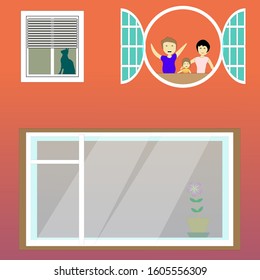 set of vector Windows with happy people family, with cat and color